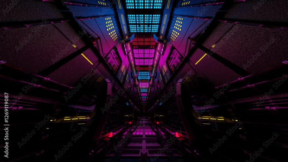 Poster endless forward movement inside a gloomy dark sci-fi corridor with flashing neon lights. 3d render. 