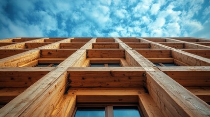 Obraz premium Tall wooden structure showcases modern design under a bright blue sky