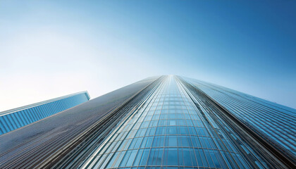 Fototapeta premium Tall Skyscraper Reaching for the Endless Blue Sky With Shimmering Glass Facade During Daylight Hours