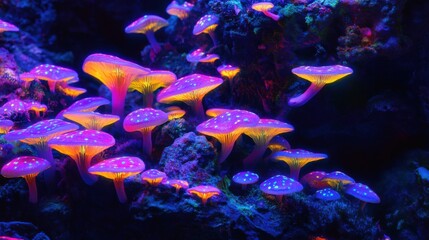 Fototapeta premium Glowing Mushrooms with Fluorescent Spots in a Mystic Forest