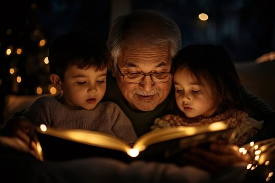 Grandfather reading a story to grandchildren at christmas time