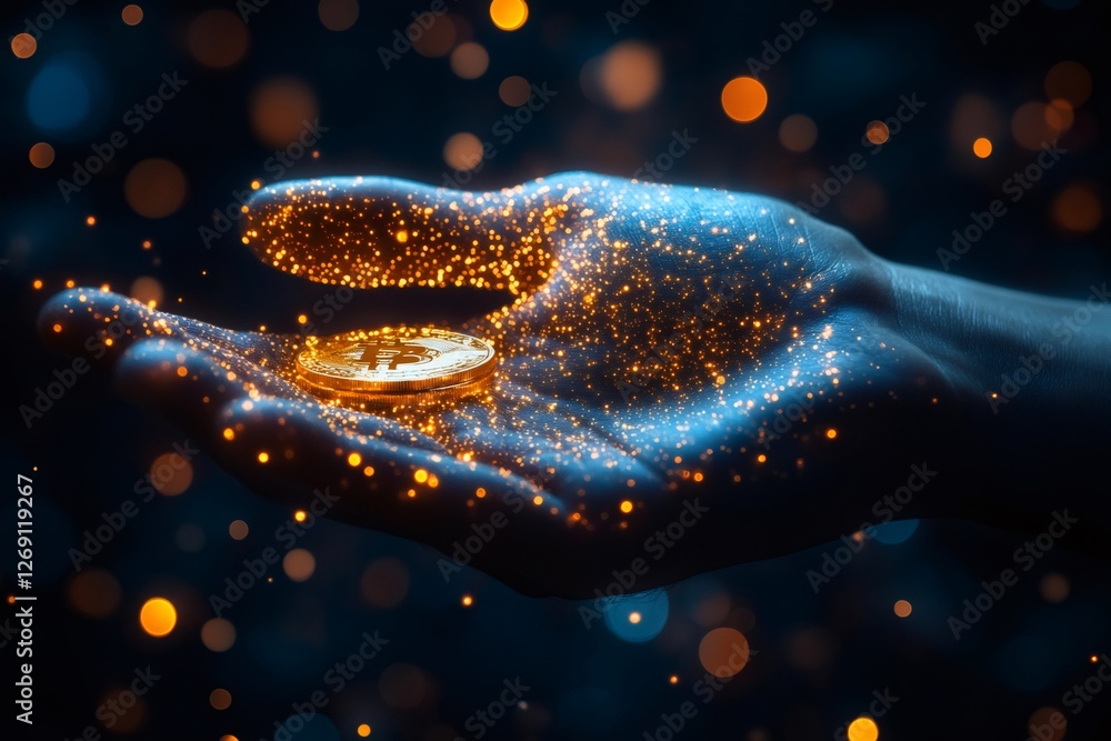 Poster hand holding glowing bitcoin on dark background with bokeh