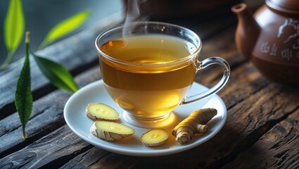 Cup of hot tea and tea leaf on the wooden table and the tea plantations background 