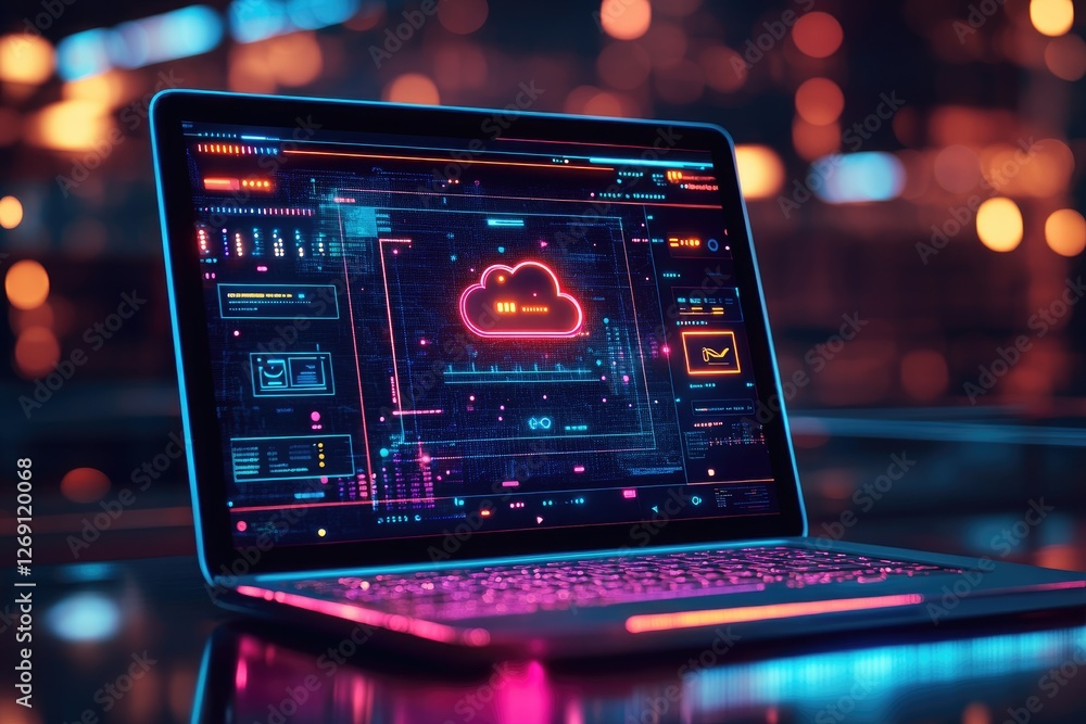 Leinwandbilder Cloud computing futuristic interface on laptop screen displaying data and information in neon colors