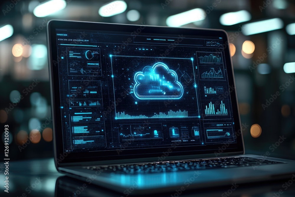 Fototapete cloud computing futuristic interface displaying on laptop screen in dark room