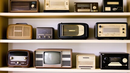Obraz premium Vintage Radios and Televisions on Shelf