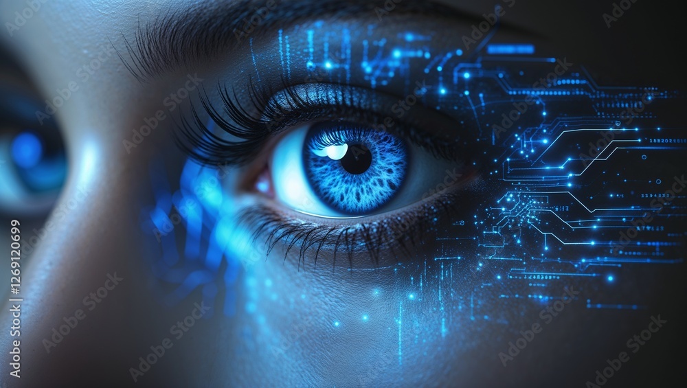 Poster close-up of a woman's eye with a high-tech digital interface overlay, showcasing advanced technology