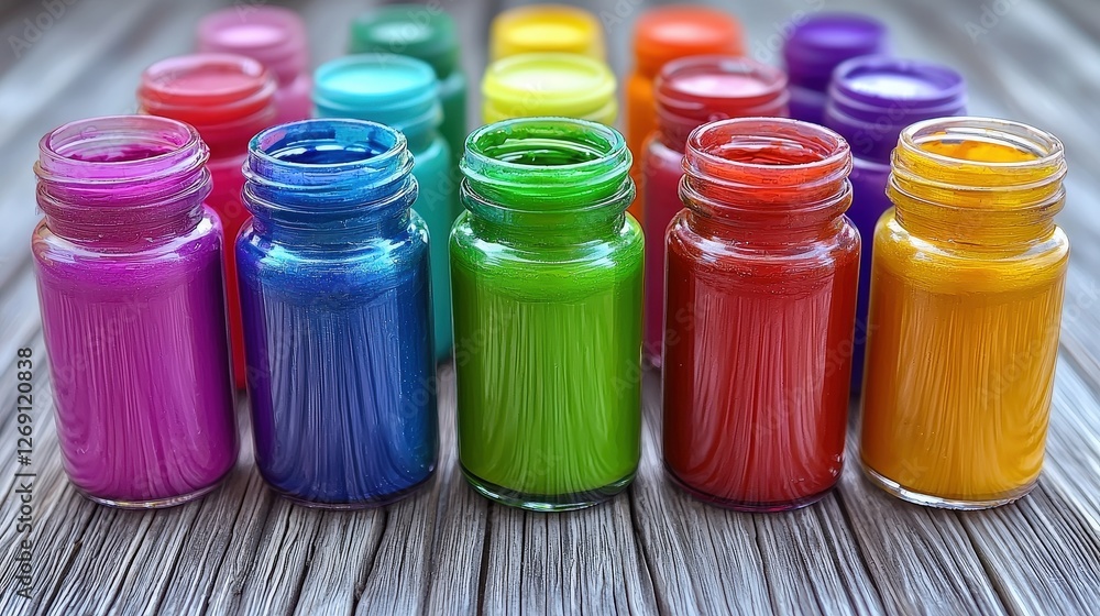 Poster a group of colorful jars in various sizes and shapes placed on a rustic wooden table surface