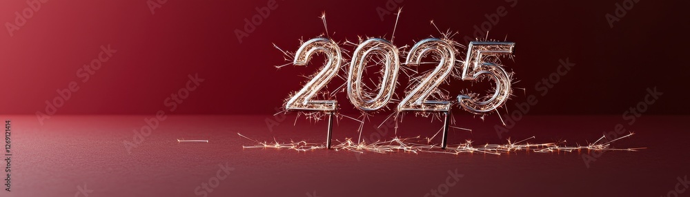 Poster sparkling fireworks display celebrating the new year 2025 with glowing and shimmering numbers on a f