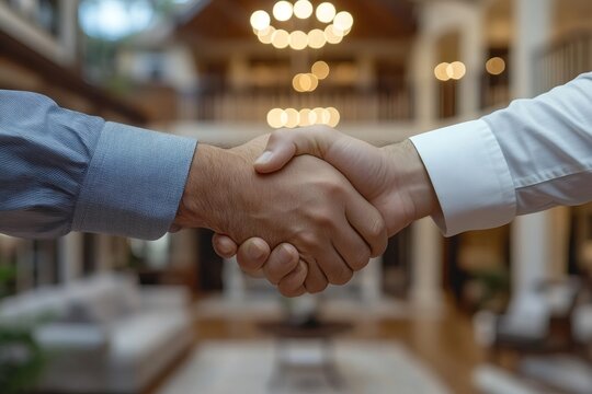Businessmen shaking hands closing a real estate deal in luxury home