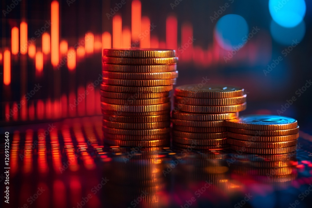 Poster stacks of gold coins showing decrease with red stock market graph showing crisis