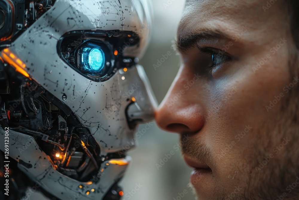 Poster Engineer observing humanoid robot's face close up, artificial intelligence concept