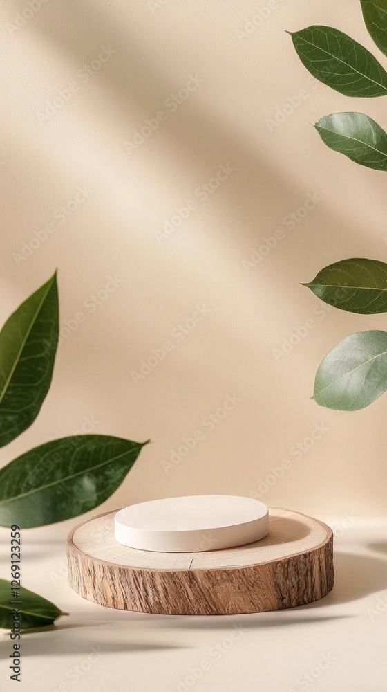 Poster Soft light highlights a circular white object resting on a natural wooden base. Surrounding greenery adds a touch of nature, creating a calming, minimalistic atmosphere