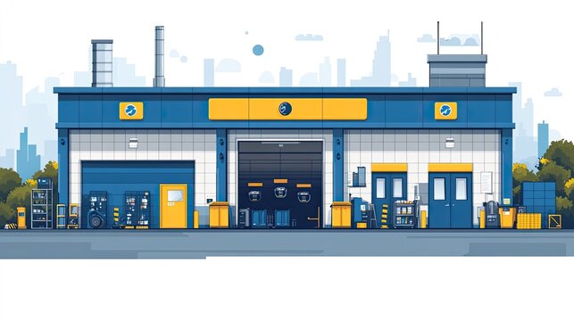 Modern service station with equipment, urban backdrop, and clear skies, ideal for transportation themes