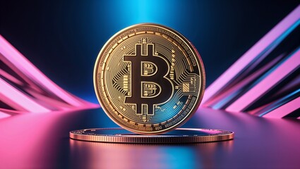 Golden Bitcoin cryptocurrency coins are stacked neatly against a white background,Gold Bitcoin coin on black background with pink and blue backlighting. cryptocurrency. Concept bitcoin mining