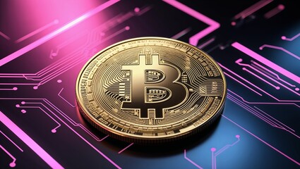 Golden Bitcoin cryptocurrency coins are stacked neatly against a white background,Gold Bitcoin coin on black background with pink and blue backlighting. cryptocurrency. Concept bitcoin mining