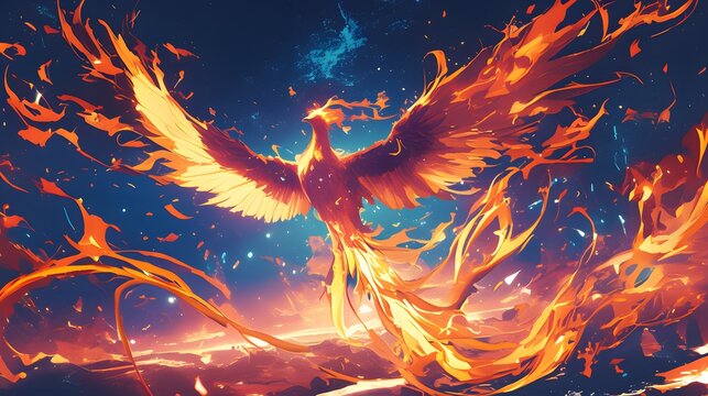 The red phoenix rises from the ashes, with its wings spread wide and shining in golden light. It has an anime-style background, Generative AI
