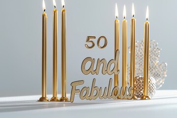 Elegant 50th birthday celebration with golden candles and '50 and Fabulous' lettering, creating a celebratory ambiance and a glamorous atmosphere for a milestone event.