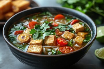 Delicious tofu noodle soup with fresh vegetables