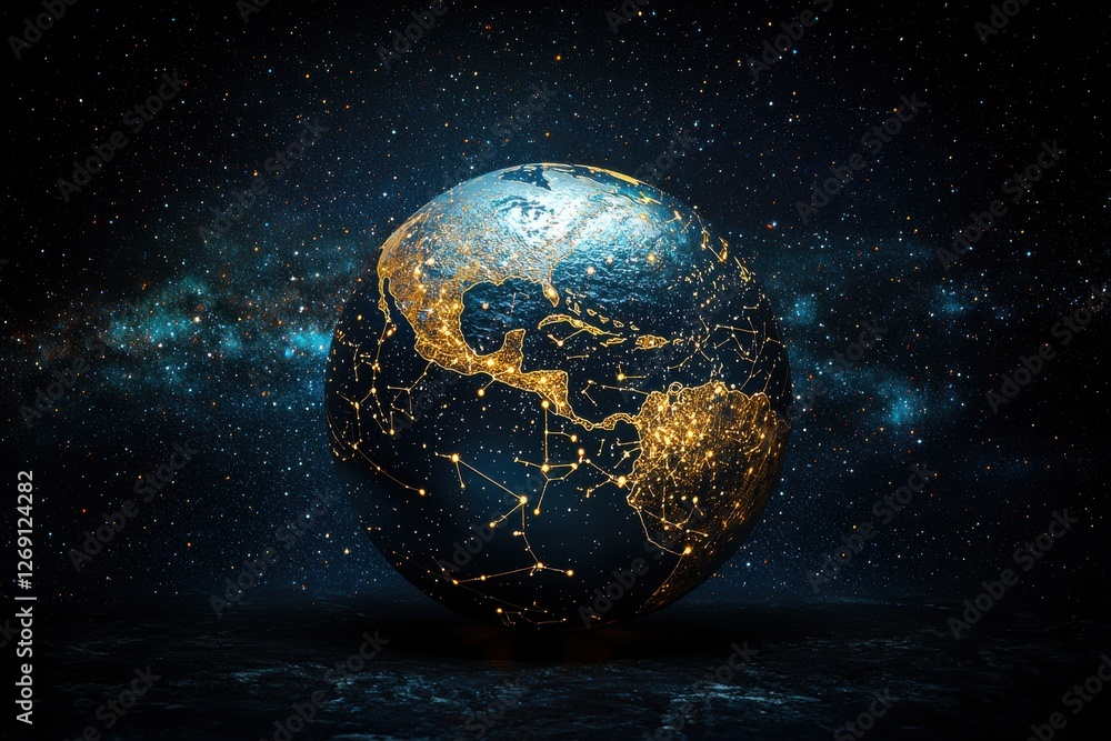 Poster an artistic representation of planet earth illuminated against a backdrop of stars and nebulae, show