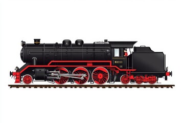 Fototapeta premium Black steam locomotive, side view, railway, white background, transportation illustration