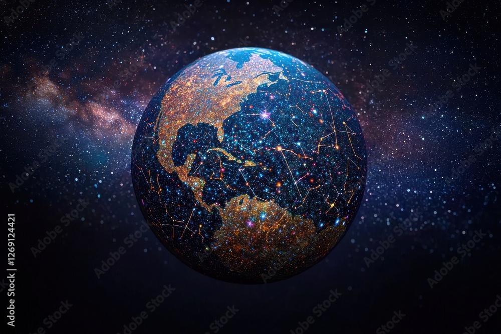 Poster a vibrant, digitally rendered image of planet earth, showing continents lit up with glowing networks