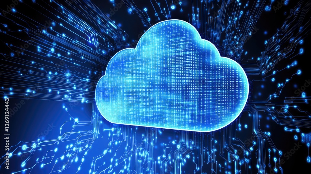 Poster abstract ai-driven cloud computing landscape with interconnected data streams and global networking.
