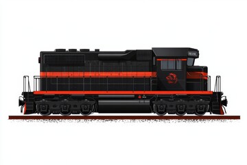 Fototapeta premium Black diesel locomotive, side profile, railway, industrial design, transportation, isolated background, graphic design