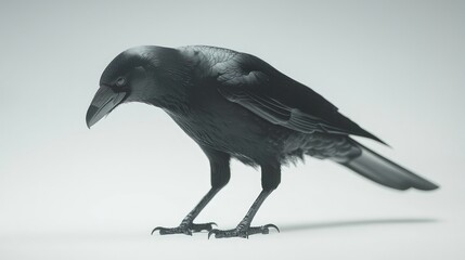 A sleek black raven standing on both feet, head slightly tilted against a white background