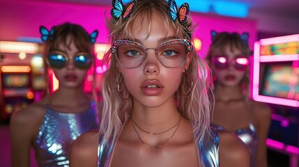Trendy neon fashion: retro arcade vibes with butterfly accessories and stylish sunglasses