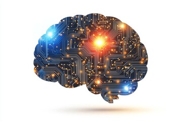 Digital Brain Circuitry Processing Data, White Background