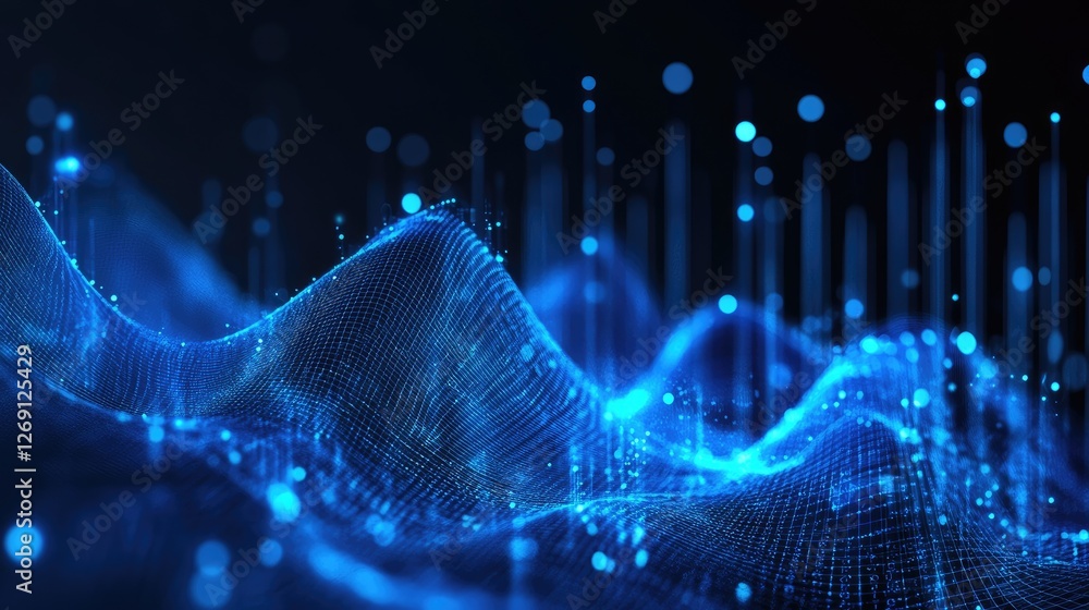 Poster abstract global data exchange network with blue digital waves and futuristic ai-driven analytics.