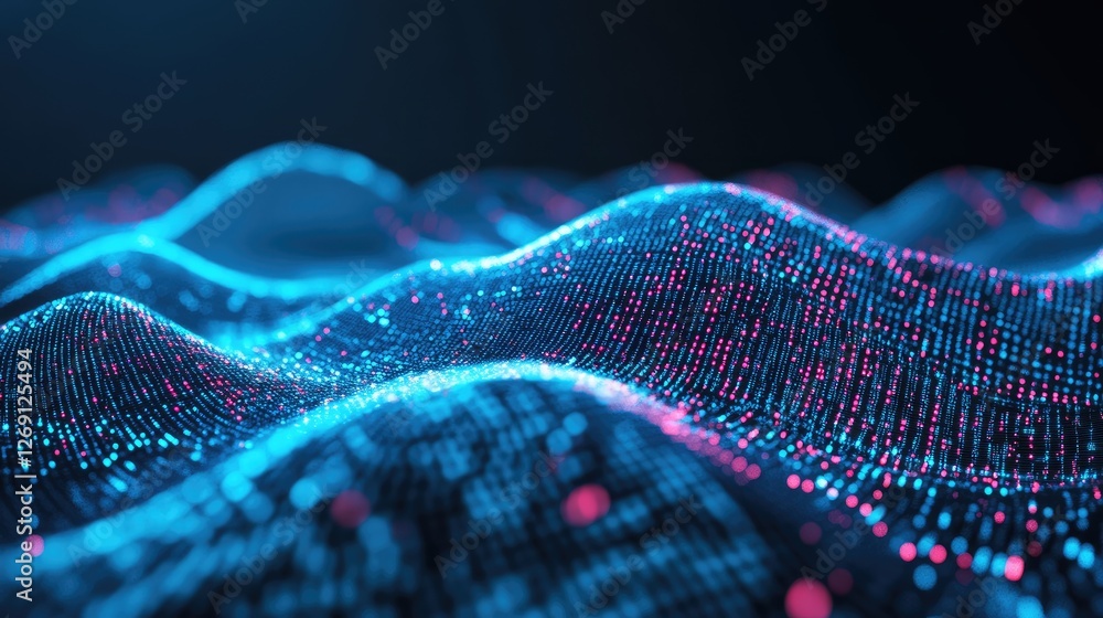 Poster abstract global data exchange network with blue digital waves and futuristic ai-driven analytics.
