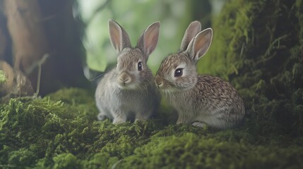 Obraz premium two baby rabbits sitting in moss