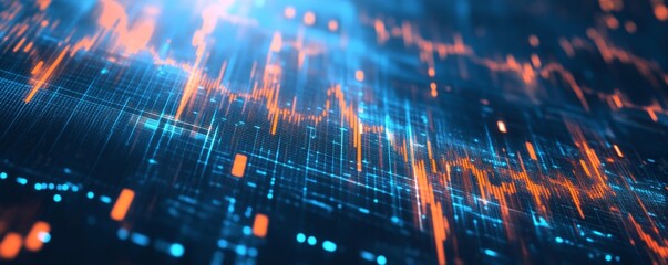 Digital data stream flows across screen; abstract background; tech use