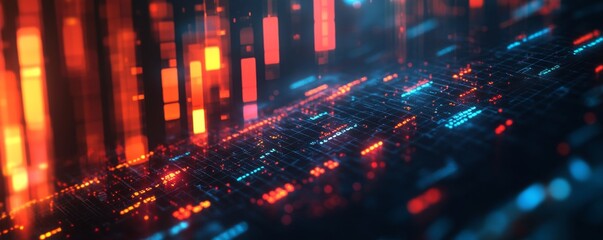 Digital data flow, glowing network, futuristic city background, tech banner