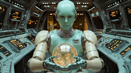 Futuristic robot in control room holding glowing sphere of knowledge