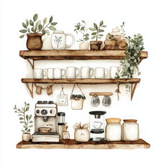 Watercolor shelf with plants and mugs brings cozy ambiance