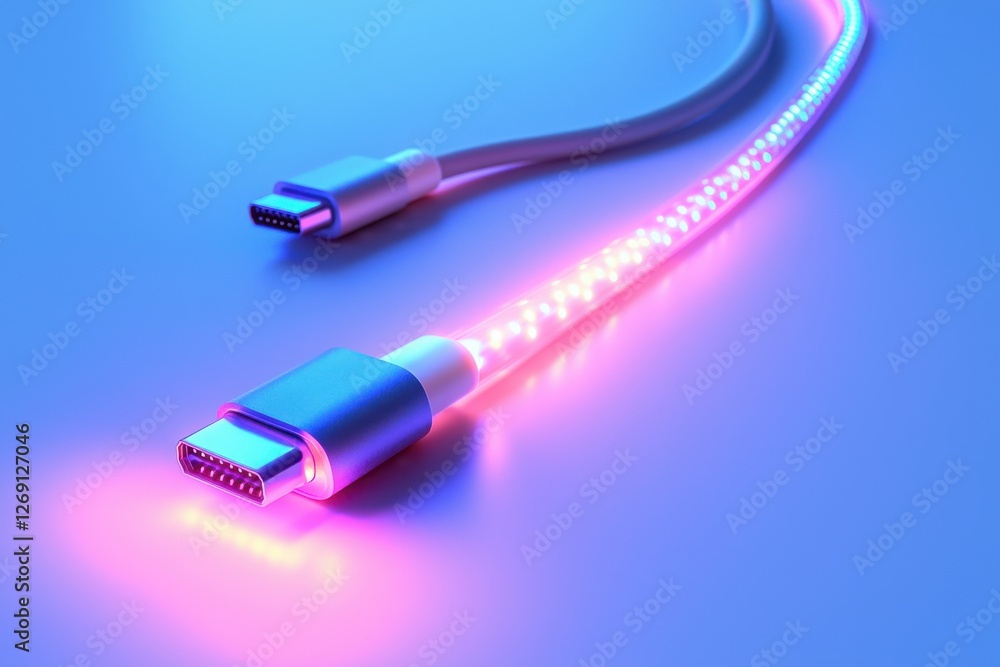 Poster a charging cable with an illuminated led glow running through its length, styled neatly and isolated