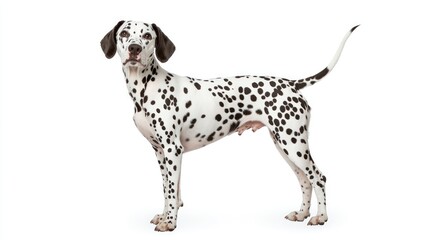 A spotted Dalmatian dog standing confidently, ears perked up against a white background