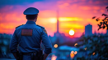 Police officer watching sunset over city skyline with iconic tower, colorful sky, and peaceful atmosphere