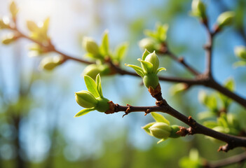 Close-up of fresh green buds opening on tree branches, with soft morning sunlight highlighting the delicate new growth