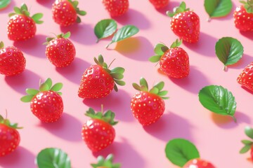 Artistic arrangement of vibrant red strawberries and lush green leaves, beautifully positioned on a delicate pastel pink surface, creating a visually appealing pattern.