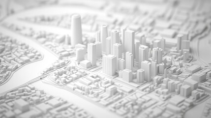 An isometric top-down view of a cityscape with roads and buildings, rendered in 3D with a white theme