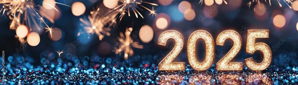 Poster sparkling celebration for new year 2025 with glittering bokeh and festive fireworks background