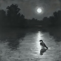 A lone bird stands on the water's edge, its reflection mirrored in the still surface, under the glow of a full moon.