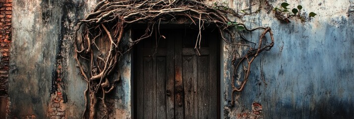 Old Wooden Door Overgrown With Vines On Weathered Wall