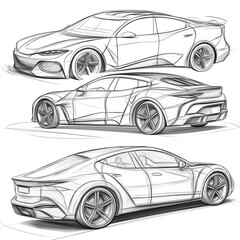 line drawing of four different types of cars. The first car on the top left is a sports car with a sleek design and large alloy wheels