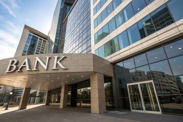 Modern Bank Building Entrance with Glass Facade and Bank Sign Financial Institution Architecture