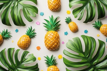 Fototapeta premium A vibrant and playful arrangement of pineapples and monstera leaves creating a summer-themed pattern that evokes a tropical island paradise, perfect for vacation vibes.
